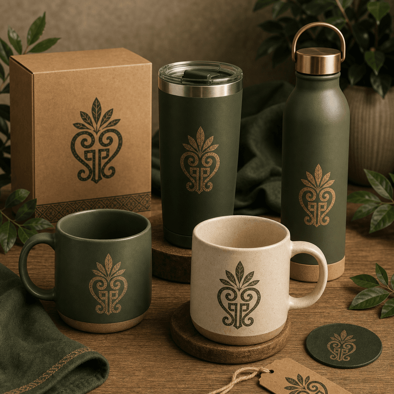Linha de canecas da Preta Planta com identidade visual da marca.