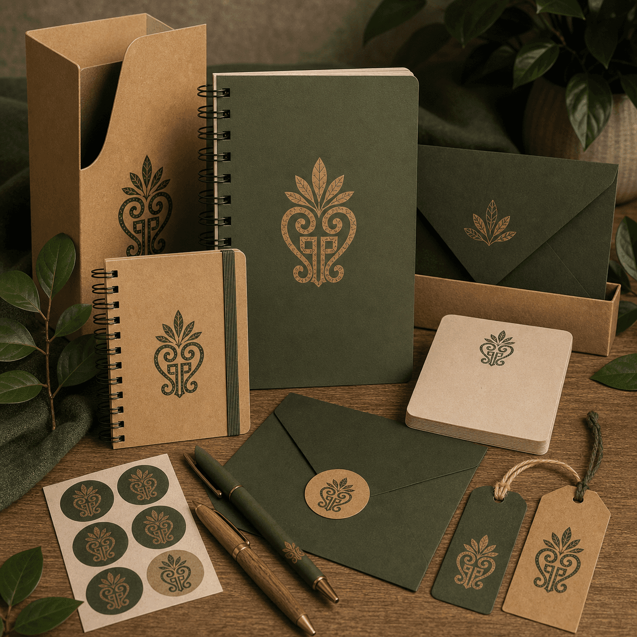 Linha de papelaria da Preta Planta com cadernos e materiais institucionais.